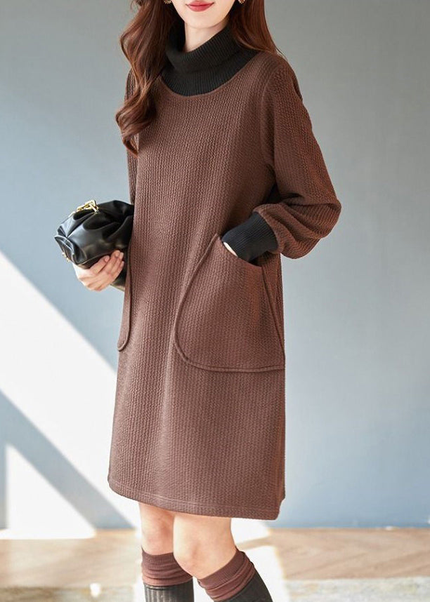 Original Design Coffee Turtleneck Patchwork Pockets Mid Dress Lantern Sleeve