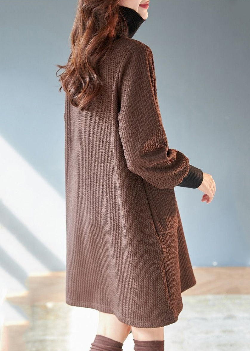 Original Design Coffee Turtleneck Patchwork Pockets Mid Dress Lantern Sleeve