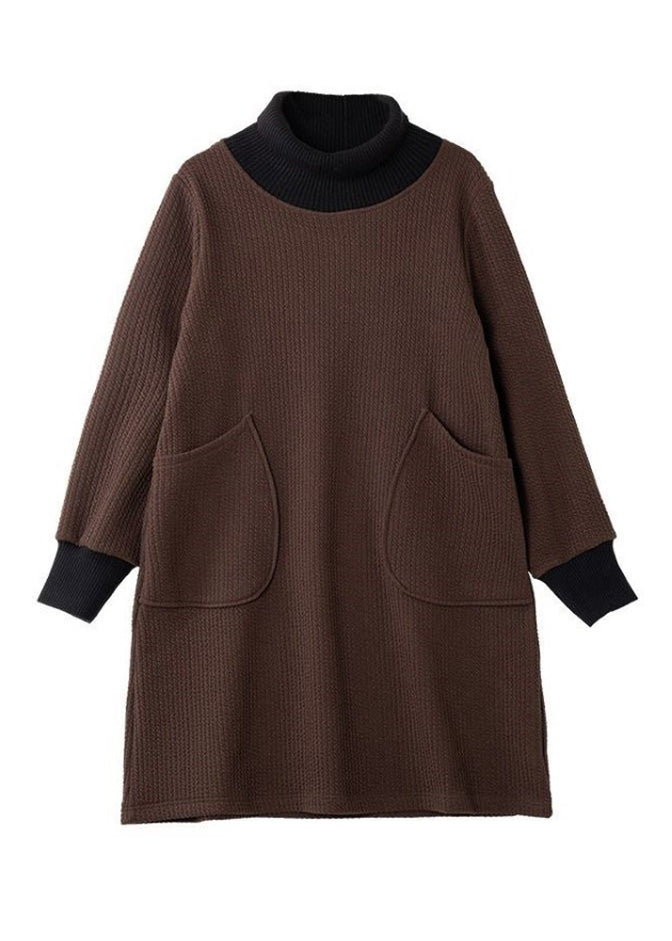 Original Design Coffee Turtleneck Patchwork Pockets Mid Dress Lantern Sleeve