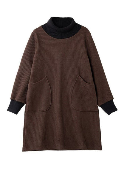 Original Design Coffee Turtleneck Patchwork Pockets Mid Dress Lantern Sleeve