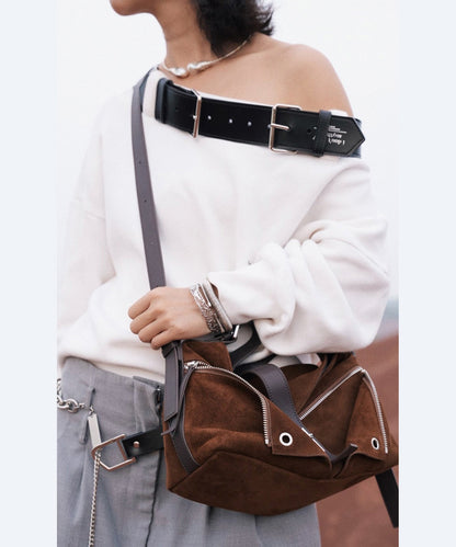 Original Design Coffee Zippered Suede Hobo Bag