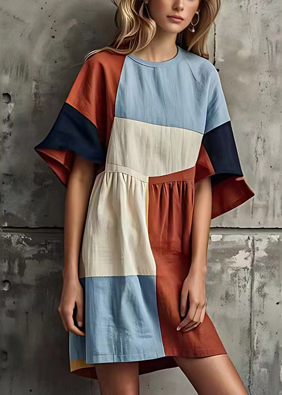 Original Design Colorblock Asymmetrical Patchwork Cotton Dresses Summer