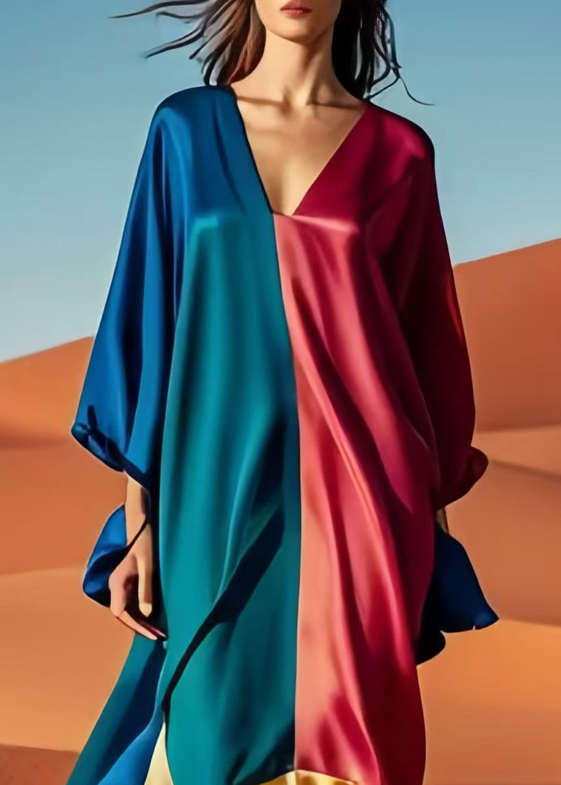 Original Design Colorblock Asymmetrical Patchwork Silk Vacation Dresses Spring