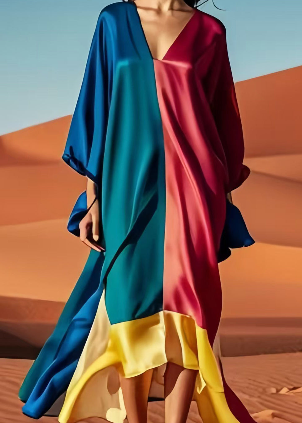 Original Design Colorblock Asymmetrical Patchwork Silk Vacation Dresses Spring