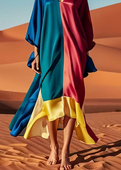 Original Design Colorblock Asymmetrical Patchwork Silk Vacation Dresses Spring