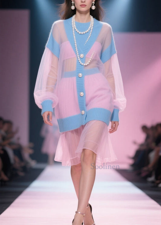 Original Design Colorblock O Neck Tulle Patchwork Knit Dress Fall