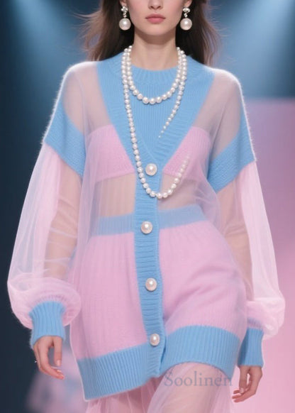 Original Design Colorblock O Neck Tulle Patchwork Knit Dress Fall