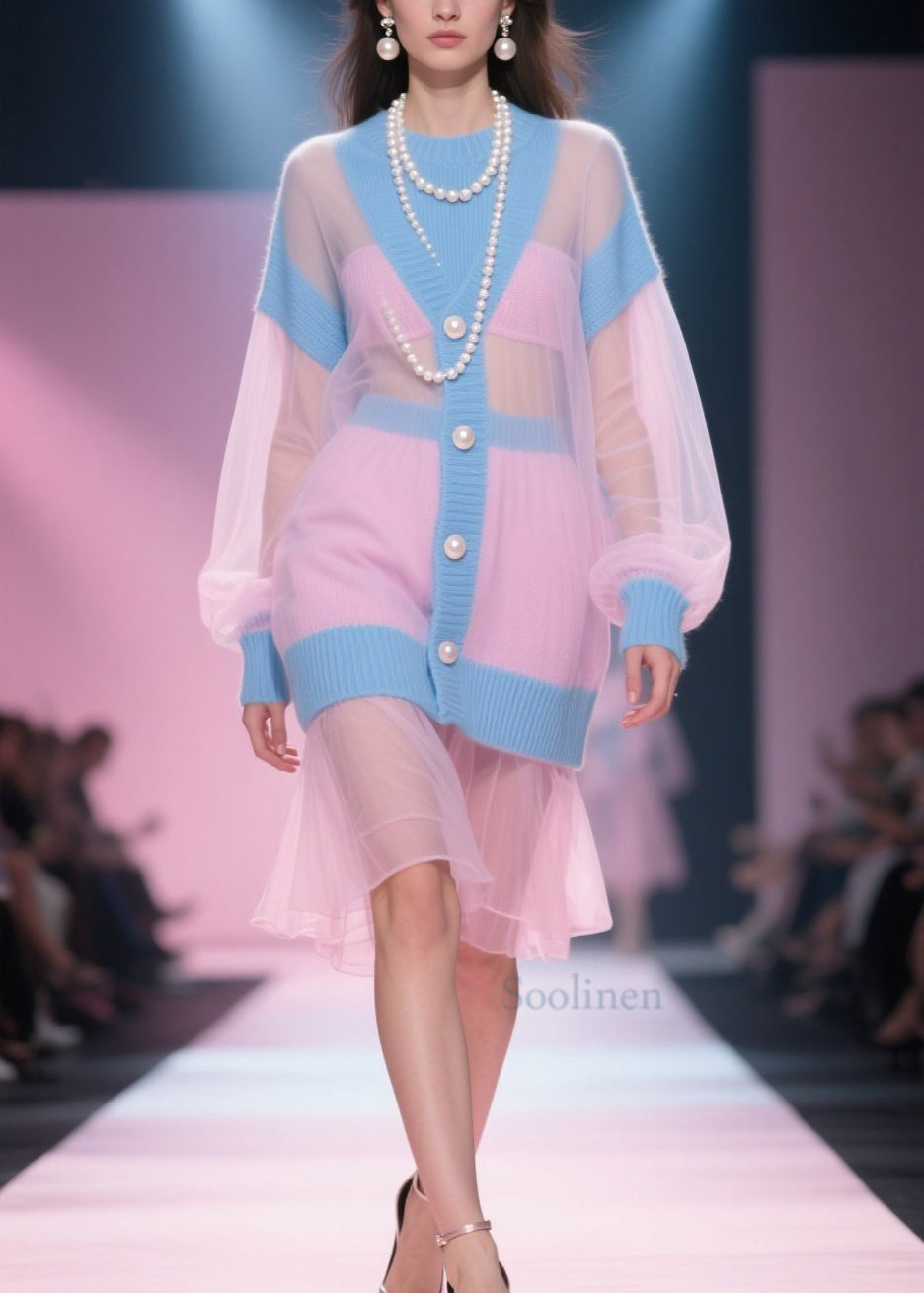 Original Design Colorblock O Neck Tulle Patchwork Knit Dress Fall