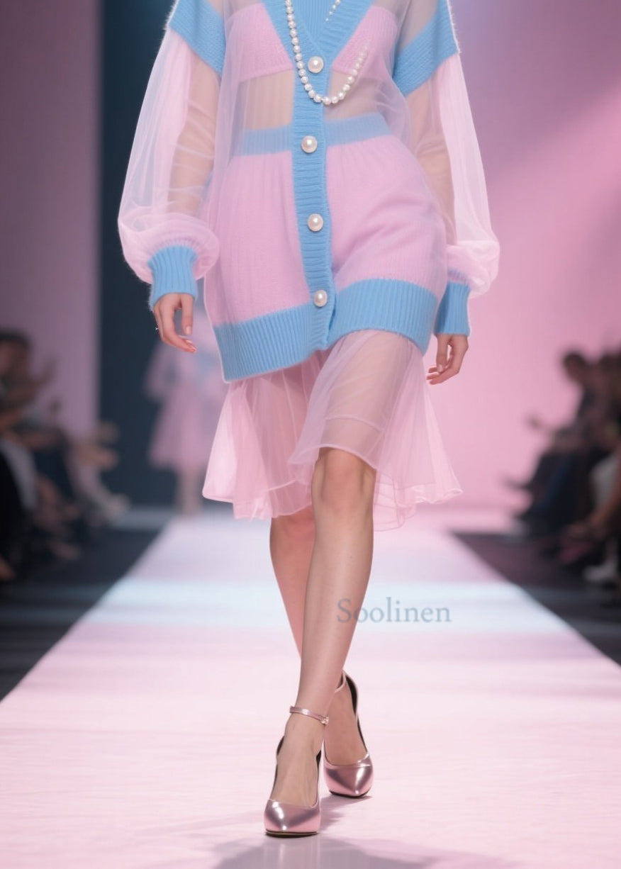 Original Design Colorblock O Neck Tulle Patchwork Knit Dress Fall