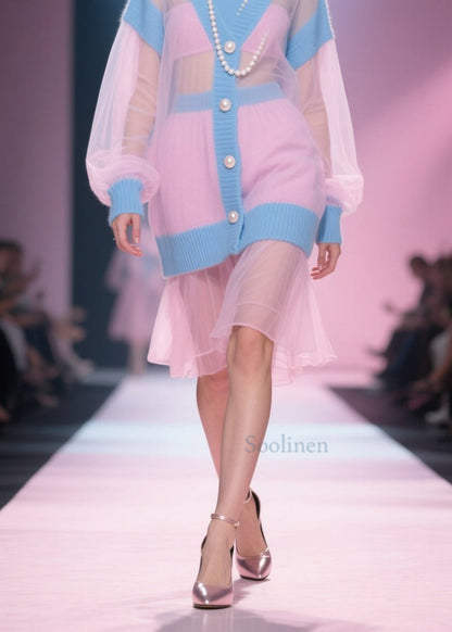 Original Design Colorblock O Neck Tulle Patchwork Knit Dress Fall