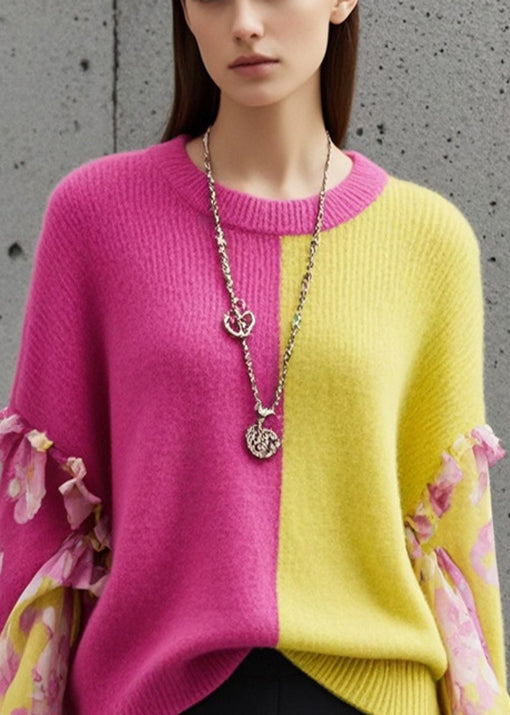 Original Design Colorblock Oversized Patchwork Knit Pullover Fall