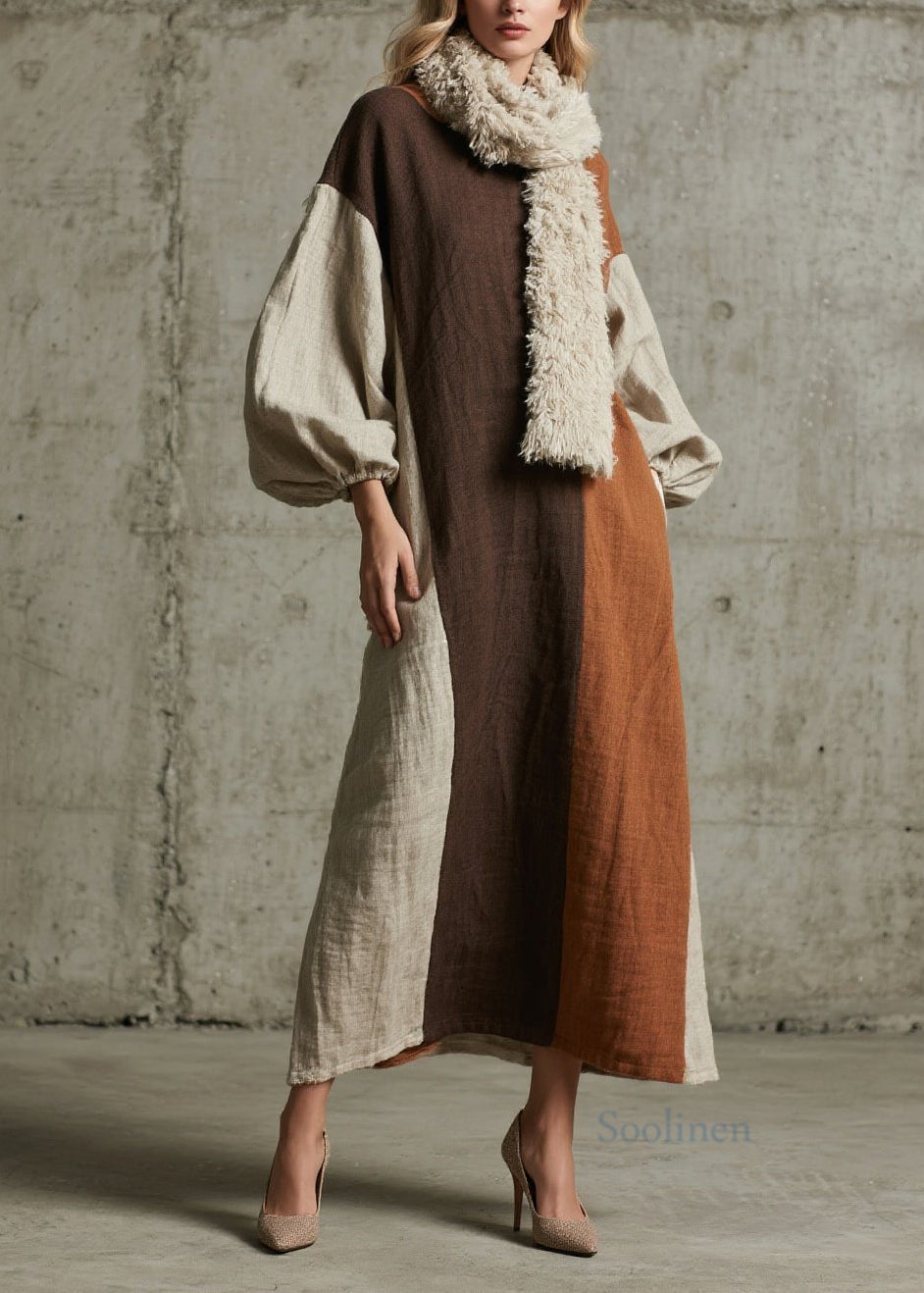 Original Design Colorblock Patchwork Cotton Long Dress Fall