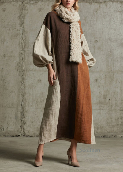 Original Design Colorblock Patchwork Cotton Long Dress Fall