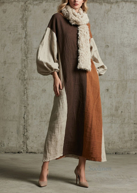 Original Design Colorblock Patchwork Cotton Long Dress Fall