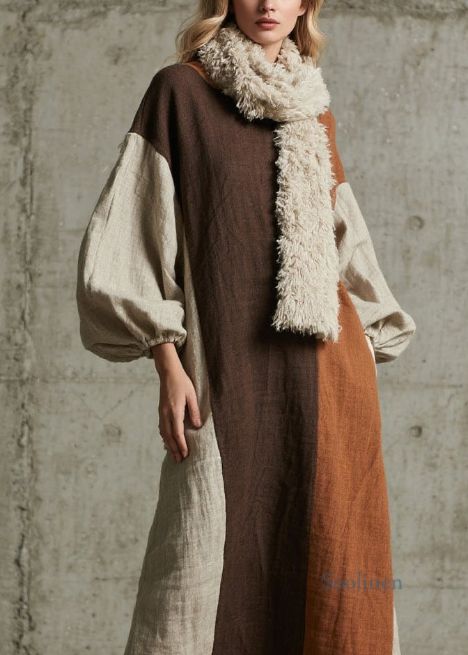 Original Design Colorblock Patchwork Cotton Long Dress Fall