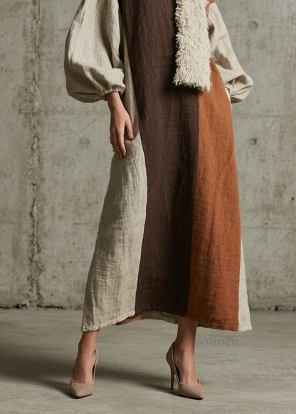 Original Design Colorblock Patchwork Cotton Long Dress Fall