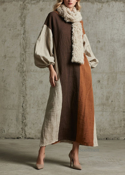 Original Design Colorblock Patchwork Cotton Long Dress Fall