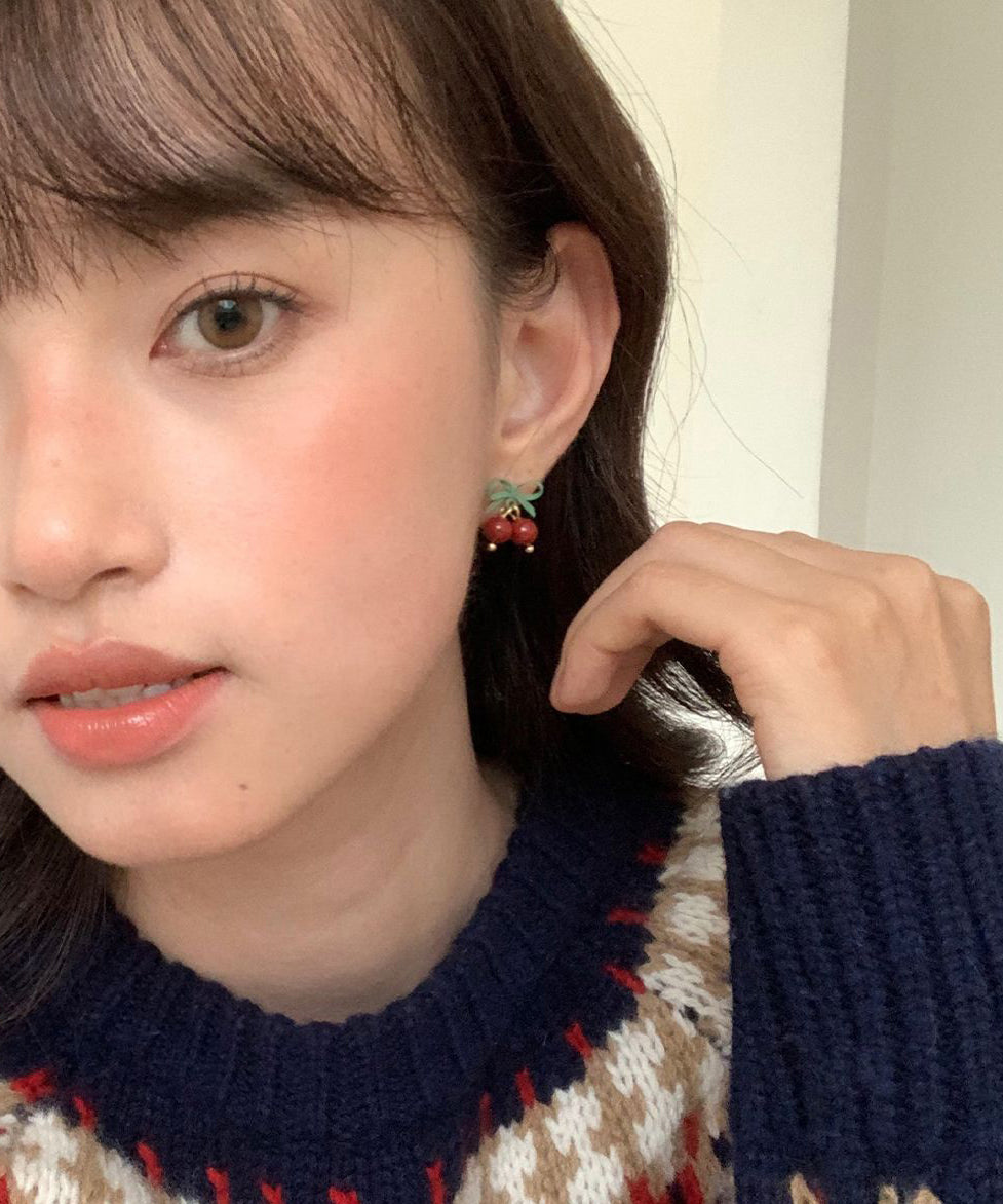 Original Design Colorblock Sterling Silver Bow Cherry Drop Earrings