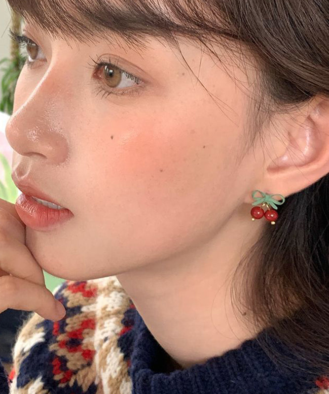 Original Design Colorblock Sterling Silver Bow Cherry Drop Earrings
