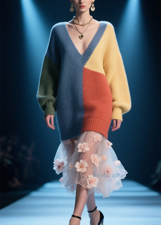 Original Design Colorblock V Neck Knit Sweater Dress Fall