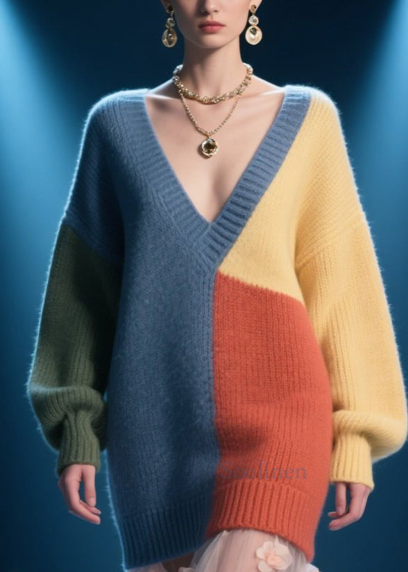 Original Design Colorblock V Neck Knit Sweater Dress Fall