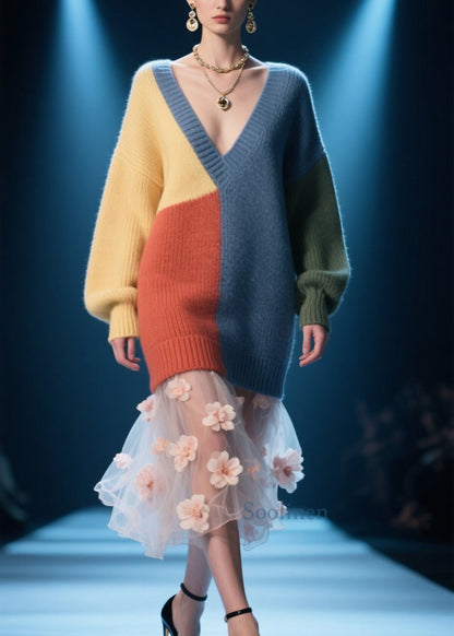 Original Design Colorblock V Neck Knit Sweater Dress Fall