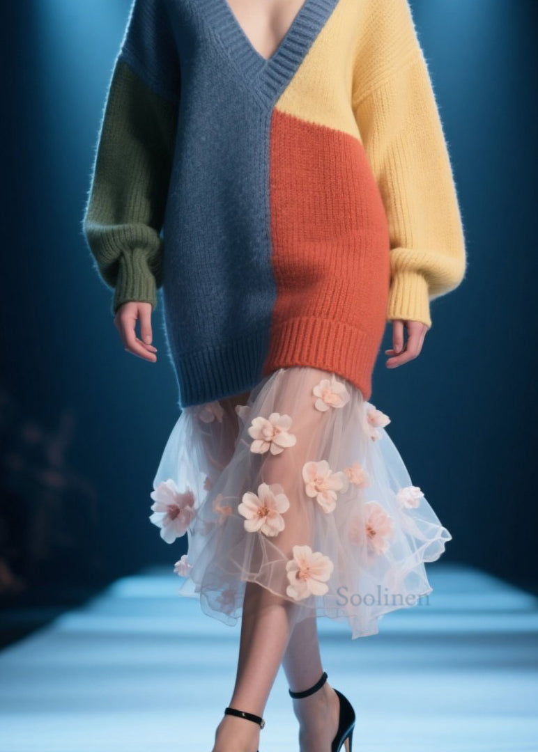 Original Design Colorblock V Neck Knit Sweater Dress Fall