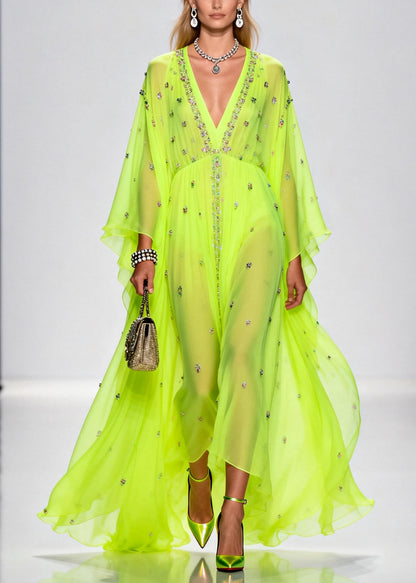Original Design Fluorescent Green Rhinestone Exra Large Hem Chiffon Party Dresses Summer