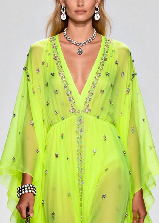 Original Design Fluorescent Green Rhinestone Exra Large Hem Chiffon Party Dresses Summer