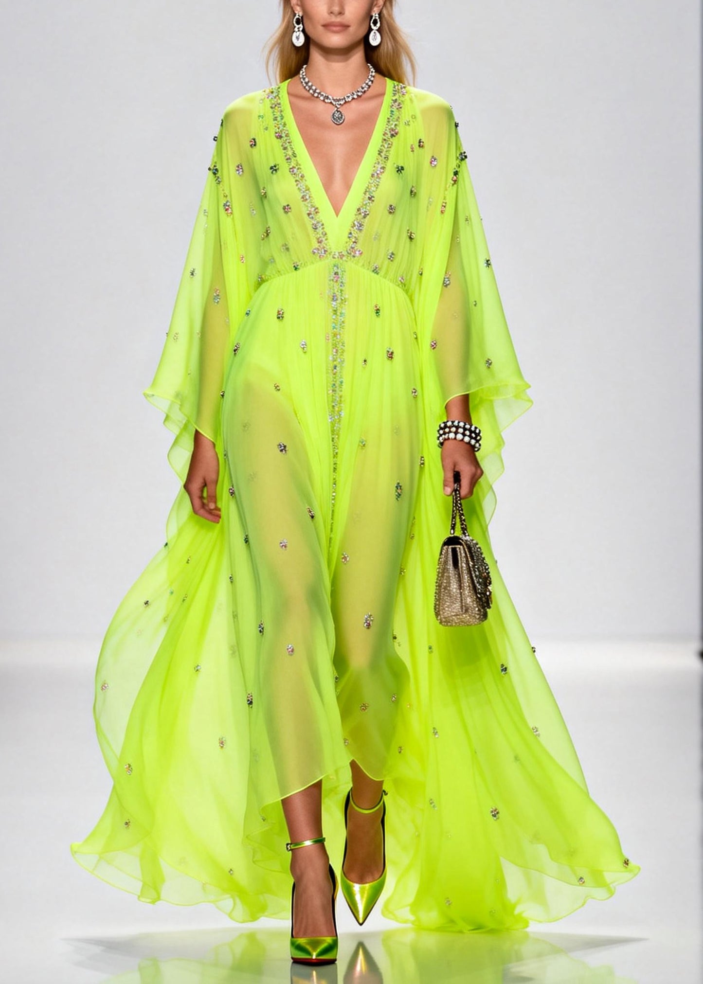 Original Design Fluorescent Green Rhinestone Exra Large Hem Chiffon Party Dresses Summer