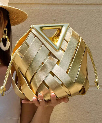 Original Design Gold Faux Leather Weaving Hollow Bucket Bag