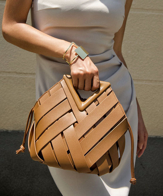 Original Design Gold Faux Leather Weaving Hollow Bucket Bag