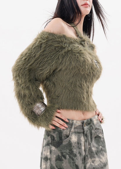 Original Design Green Cold Shoulder Knit Sweaters Spring