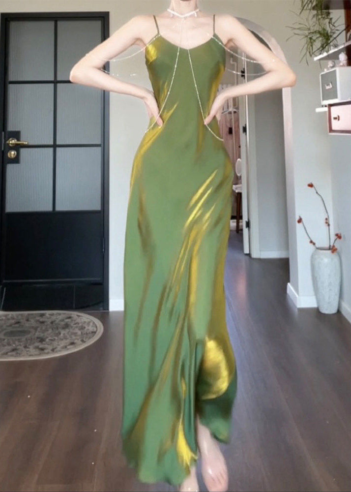 Original Design Green U Neck Solid Silk Long Spaghetti Strap Sundress Sleeveless