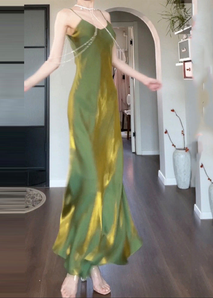 Original Design Green U Neck Solid Silk Long Spaghetti Strap Sundress Sleeveless