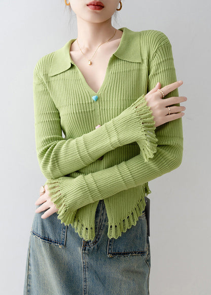 Original Design Green V Neck Knit Top Spring