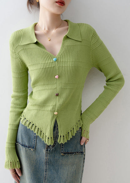 Original Design Green V Neck Knit Top Spring