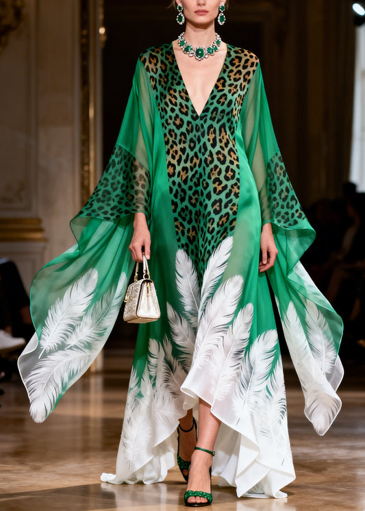 Original Design Green V Neck Print Chiffon Ankle Dress Summer