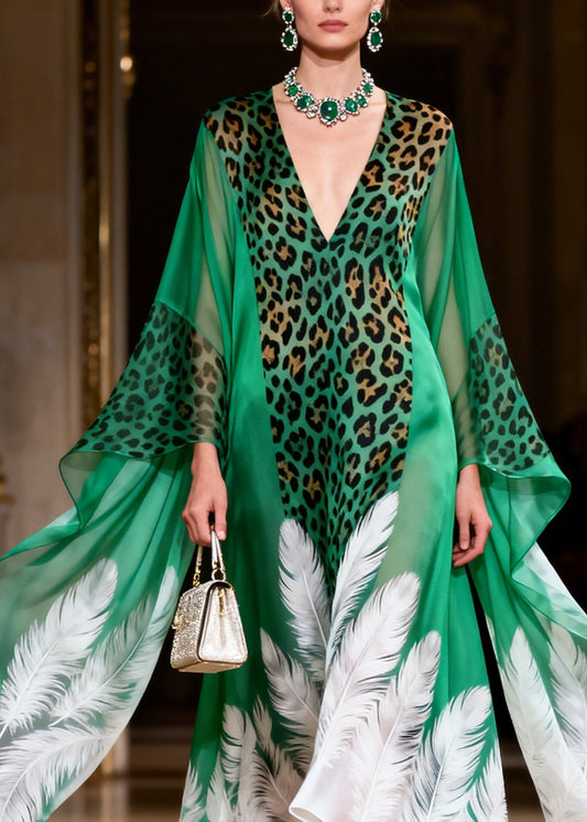 Original Design Green V Neck Print Chiffon Ankle Dress Summer