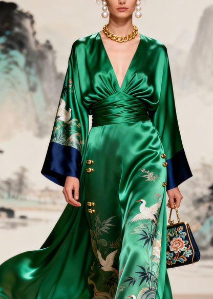 Original Design Green V Neck Print Silk Dresses Long Sleeve