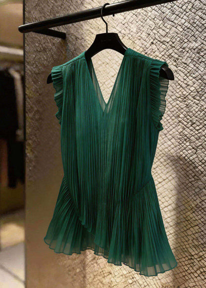 Original Design Green V Neck Slim Tulle Top Summer
