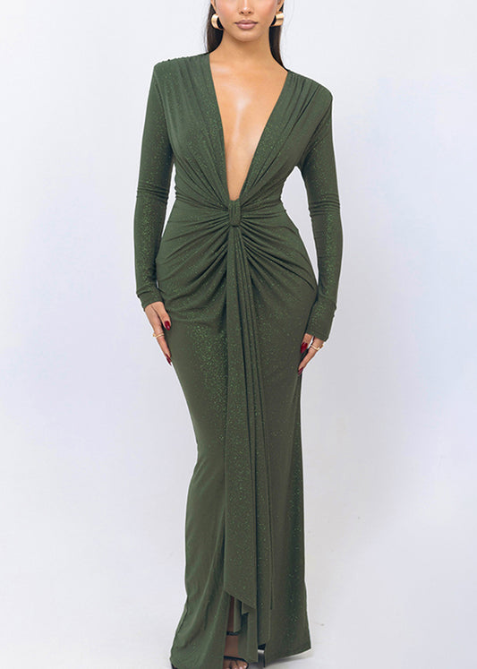 Original Design Green Wrinkled Side Open Robe Dresses