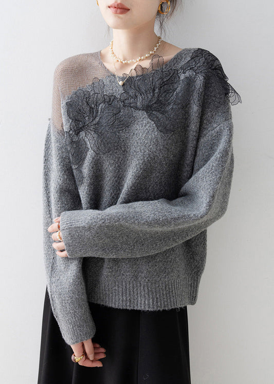 Original Design Grey O-Neck Floral Knit Sweaters Spring