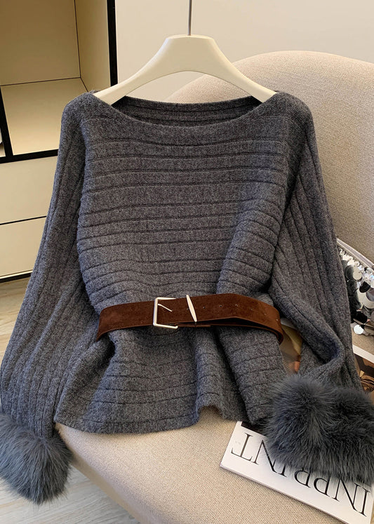 Original Design Grey Slash Neck Fur Patchwork Knit Sweaters Spring