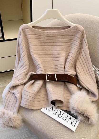 Original Design Grey Slash Neck Fur Patchwork Knit Sweaters Spring