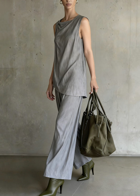 Original Design Grey Tops And Wide Leg Pants Cotton Two Pieces Set Sleeveless
