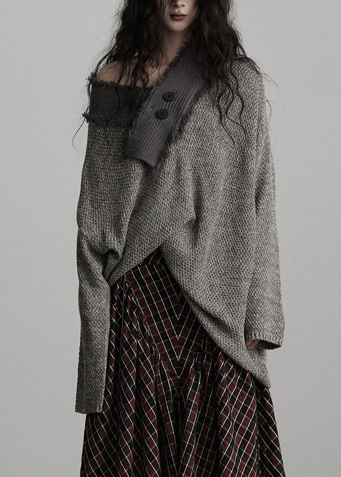 Original Design Grey V Neck Asymmetrical Cotton Knit Sweater Fall