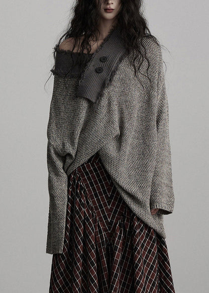 Original Design Grey V Neck Asymmetrical Cotton Knit Sweater Fall