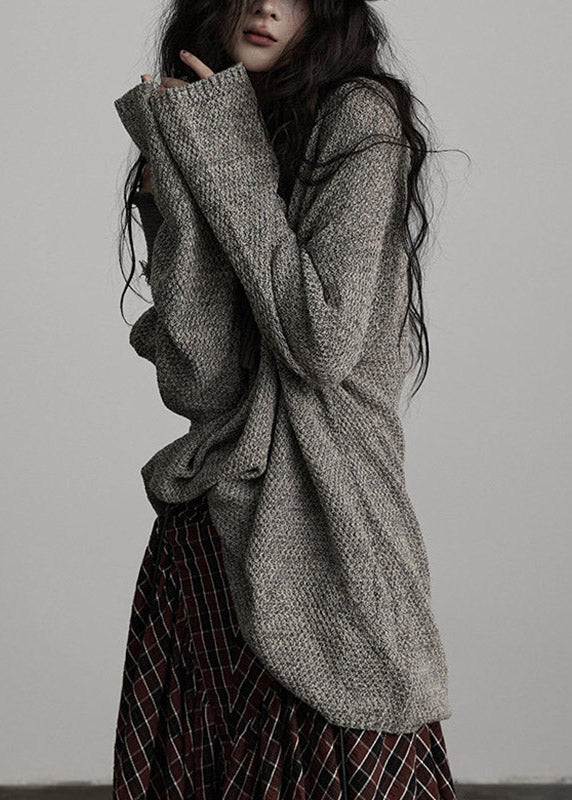 Original Design Grey V Neck Asymmetrical Cotton Knit Sweater Fall