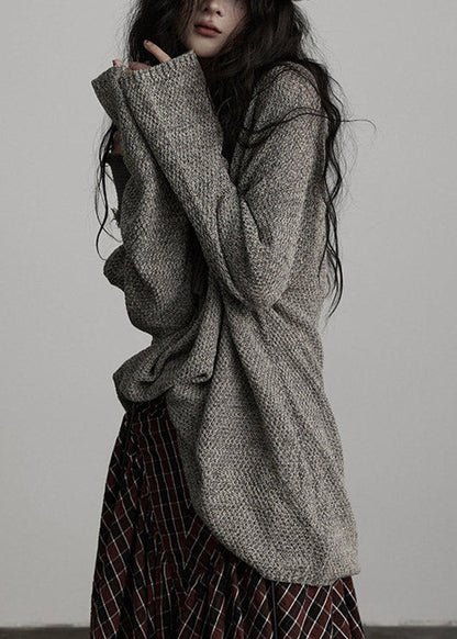 Original Design Grey V Neck Asymmetrical Cotton Knit Sweater Fall